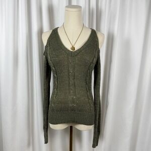 y2k Bebe Womens Olive Green Metallic Cable Knit Open Shoulder V-Neck Sweater